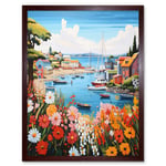 Idyllic Scenic Seaside Fishing Village Bright Oil Painting Orange Pink Blue Bathroom Floral Artwork Harbor Bay Boats Coastal Landscape Art Print Frame