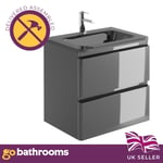 Newbold Dark Grey Gloss Bathroom Wall Hung Vanity Unit Grey Glass Basin 60cm