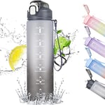 CodiCile Gourde Sport 1l avec paille,bouteille d'eau de motivation avec Marqueur de Temps,bouteille d'eau étanche avec couvercle sans BPA pour sport, gym, bureau, course à pied(gris)