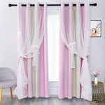 MINGPINHUIUS Rideau étoilé Rideaux occultants pour Enfants Filles Chambre Salon Double Couche étoiles Rideaux élégants drapés étoiles Rideau de fenêtre avec Rideaux en Filet, 2 Panneaux (Rose Jaune,