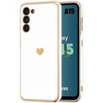 Fodral för Samsung Galaxy A15 4G-5G, vitt, stötsäkert hybrid silikonfodral, trendig design med guldhjärtmönster och plätering