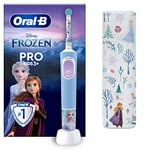 Oral-B Pro Kids Electric Toothbrush, Christmas Gifts For Kids, 1 Toothbrush Head, x4 Frozen Stickers, 1 Travel Case, 2 Modes with Kid-Friendly Sensitive Mode, For Ages 3+, 2 Pin UK Plug, Blue