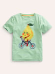 Mini Boden Kids' Bike Riding Lemon Applique T-Shirt, Green Smoke Lemon