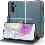 Case Collection for Samsung A35 5G Case and Screen Protector - Leather Folio Flip [Kickstand] Shockproof Cover [RFID Blocking] Magnetic Wallet for Samsung Galaxy A35 5G Phone Case Teal