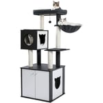 Grand Arbre à Chat xxl en Bois Deluxe avec Cabinet, Bac à Litière, Poteau Griffoir Luxeux, 150cm, Noir - Pawz Road