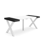 Table console extensible, 180, pour 8 personnes, 180x90x77cm, Pieds bois massif, couleur Blanc et noir