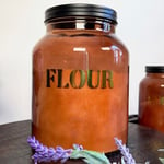 Amber Glass Flour Jar Black Lid Kitchen Storage Canister Vintage Modern Barrel