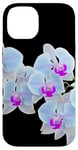 Coque pour iPhone 14 Magnifique orchidée Phalaenopsis bleu clair Formes noires Mania