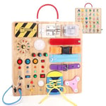 23 in 1 Montessori Busy Board 1 an Enfants Activity Board Jouets en Bois avec 15 Interrupteurs, 26 Lumières LED, Boîte à musique, cadenas, lacets, fermeture éclair Jouets Sensory Learning Toys