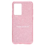 Coque Iphone 12 MINI paillettes rose personnalisee texte blanc