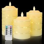 Battery Operated Led Flameless Candles :with Embedded String Lights,3 Pack Ivory Flickering Electric Candle lamp,with 10-Key Remote Control and Cycle 24 Hours Timer Festival, Party, Home Decor