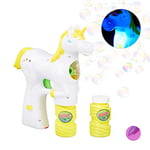 Relaxdays Pistolet à bulles Licorne enfant machine à bulles savon canon à bulles lumière LED set de 2, blanc