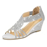 PIZZ ANNU Sandales Femme Été Compensées à Plateforme Escarpins Strass Sandale à Talon Compensé Mode Confort pour Soirée Mariage Chaussure Argent EU 39