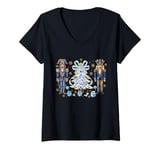 Womens Blue Nutcracker Soldier Blue Christmas Tree Toile Floral Bow V-Neck T-Shirt