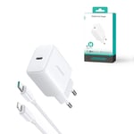 Joyroom PD 20W USB-C hurtiglader med 20W USB-C til Lightning-kabel, 1m - Hvit