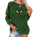 Kvinnor Christmas The Grinch Print T-shirt Casual Loose Sweatshirt Xmas Crew Neck Pullover Tops Dark Green L