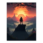 Warrior Before a Fiery Sunrise Horizon Painting Samurai Quest to Follow the Sun at Forest Mountain Foggy Landscape Unframed Wall Art Print Poster Home