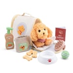 New Classic Toys - Pet Care Set - Wooden Pretend Play Pet Care Kit - Includes Plush Puppy, Carrier, Grooming Brush, Shampoo Bottle, Treats, Feeding Bowl, and Play Ball