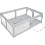 Hofuton Parc pour bébé 205x147x66cm avec 50 balles de jeu, parc avec maille respirante et fermeture éclair, barrière rampante avec porte, Gris clair