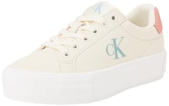 CK JEANS Women's Bold Vulc FLATF Low LTH ML YW0YW01669 Sneakers, White (Creamy White/Rose Tan/Blue Surf), 6.5 UK