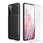 LYZX Coque pour Coque Samsung Galaxy S21 5G+ 3 Morceaux de Protecteur d'écran en Verre trempé, étui de téléphone TPU Ultra-Mince et Durable,Gaine de Protection en Fibre de Carbone,Noir