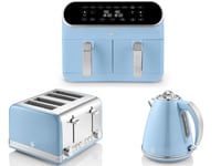 SWAN Retro Blue Kettle 4 Slice Toaster & 8L Dual Basket Air Fryer Matching Set