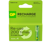 GP Recharge Rechargeable Battery, Size AAA, 800 mAh, 4-pack