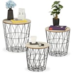 Relaxdays - Table d'appoint, lot de 3, panier pour le salon, en métal et aspect bois, 3 tailles, bout de canapé, noir