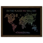 Artery8 World Travel Landmark Line Map Oh The Places You Will Go! Rainbow Black Artwork Framed A3 Wall Art Print