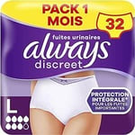 Always Discreet, 32 Culottes Incontinence Femme, Plus 6 Gouttes, Sous-Vêtements Taille L, Blanc, Protection Très Absorbante pour Fuites Urinaires Importantes ou post accouchement, Pack 1 Mois