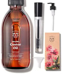 Bionoble Organic Castor Oil 200ml - 100% Pure, Natural, Cold Pressed - Lashes, Eyebrows, Body, Hair, Beard, Nails - Vegan and Cruelty Free - Glass Bottle + Pump + Mascara Kit