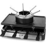 Emerio Plaisir de fête pour jusqu'à 8 personnes avec cette combinaison 3 en 1 de raclette et de fondue à fromage pour un plaisir de barbecue varié, avec 8 poêlons, 8 spatules et 6 fourchettes à fondue