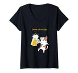 Womens Drink Up Pussies Cat With Beer Mug Humor V-Neck T-Shirt