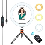 LED Lumière Anneau avec Trépied, 10" Ring Light avec Télécommande Wireless pour TikTok/Youtube/Diffusion en Direct/Maquillage Lampe Annulaire Réglable avec 3 Couleur Modes et 11 Luminosité