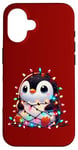 iPhone 16 Christmas Penguin with Light Strings Clumsy Cute Entangled Case