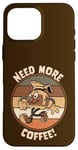 Coque pour iPhone 16 Pro Max Cafetière rétro vintage avec inscription « Running Need More Coffee »