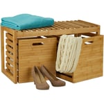 Banc à chaussures, 2 boîtes de rangement, Banquette, Meuble entrée, couloir, bambou, hlp 44,5x80x40 cm, nature - Relaxdays