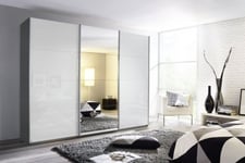 Rauch Kulmbach 3 Door Sliding Wardrobe in Grey Metallic and High Polish White with Aluminium Handle Strips - W 203cm