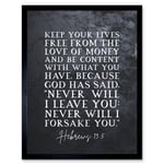 Hebrews 13:5 Keep Your Lives Free Of the Love Of Money And Be Content Christian Bible Verse Quote Scripture Typography Art Print Framed Poster Wall De