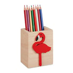 Relaxdays Pot à Crayons Flamant Rose, Bois, HxLxP : 10 x 8 x 6 cm, Porte-stylos pour Bureau, pinceaux, Nature - Rouge