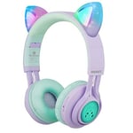 Riwbox Kids Headphones, CT-7S Cat Ear Bluetooth Headphones Volume Limiting 85dB,LED Light Up Kids Wireless Headphones Over Ear with Microphone for iPhone/iPad/Laptop/PC/TV (Purple&Green)