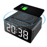 LINGSFIRE Alarm Clock Bedside Bluetooth Speaker FM Radio Non Ticking with USB Charger & Wireless QI Charging, 3 Level Digital Dimmable Led Display, Mains Powered with Backup Battery