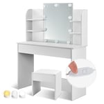 Juskys Coiffeuse Bella avec Miroir LED, Tabouret, Tiror & 4 Étagères de Rangement - Luminosité Réglable - Table de Maquillage en Bois pour Femme & Fille - Blanc