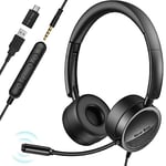 New bee USB Headsets with Microphone, PC Computer Headset with Mic for Laptop, 3.5mm/USB Jack 2-In-1 Audio Line Control, Noise Canceling Office Headphones for Call Center, Gaming, Business, Skype