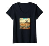 Womens Whet Fields With Windmills Vintage Landscape Graphic V-Neck T-Shirt