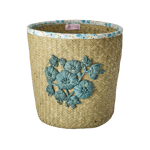 Rice - Raffia Basket with Blue Flower Embroidery and Flower Fabric Edge - Blue