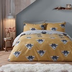 Fusion - Ochre Yellow Highland Cow Duvet Cover - King Bedding Size (230 x 220cm) - Reversible Design (Ochre & Grey) - Farm Cow Bedding in Mustard Yellow - Highland Cow Gifts