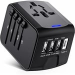 Adaptateur de voyage, adaptateur de prise universel avec ports USB de type C + 3 et prise secteur, prise d'adaptateur pour plusieurs pays