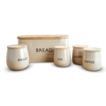 Tower T826212MSH 5 Piece Storage Set with Bread Bin, Biscuit Tin and 3 Storage Canisters, Stainless Steel with Airtight Mango Wood Lids, Latte