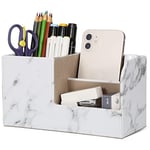 GORESE Organisateur de Bureau, Rangement de Bureau en Cuir Pot à Crayons Porte-Stylo Peu Encombrant, 3 Compartiments de Stylos, Agrafeuses, Dossiers, Notes Autocollantes, Téléphones (Marble)